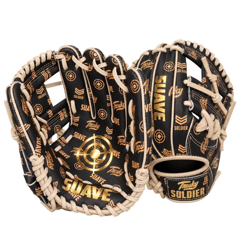Black baseball infielder's glove with tan lacing and gold-colored logos, shown from the palm side next to the back of the glove