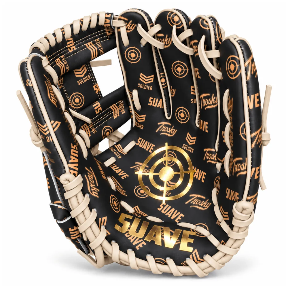 Black baseball infielder's glove with tan lacing and gold-colored logos, shown palm side with a gold target-style mark and the word SUAVE on the palm
